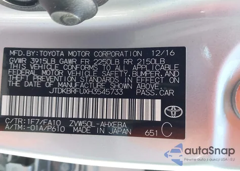 2017 Toyota Prius Two z USA, uszkodzony, nr VIN JTDKBRFUXH3545733